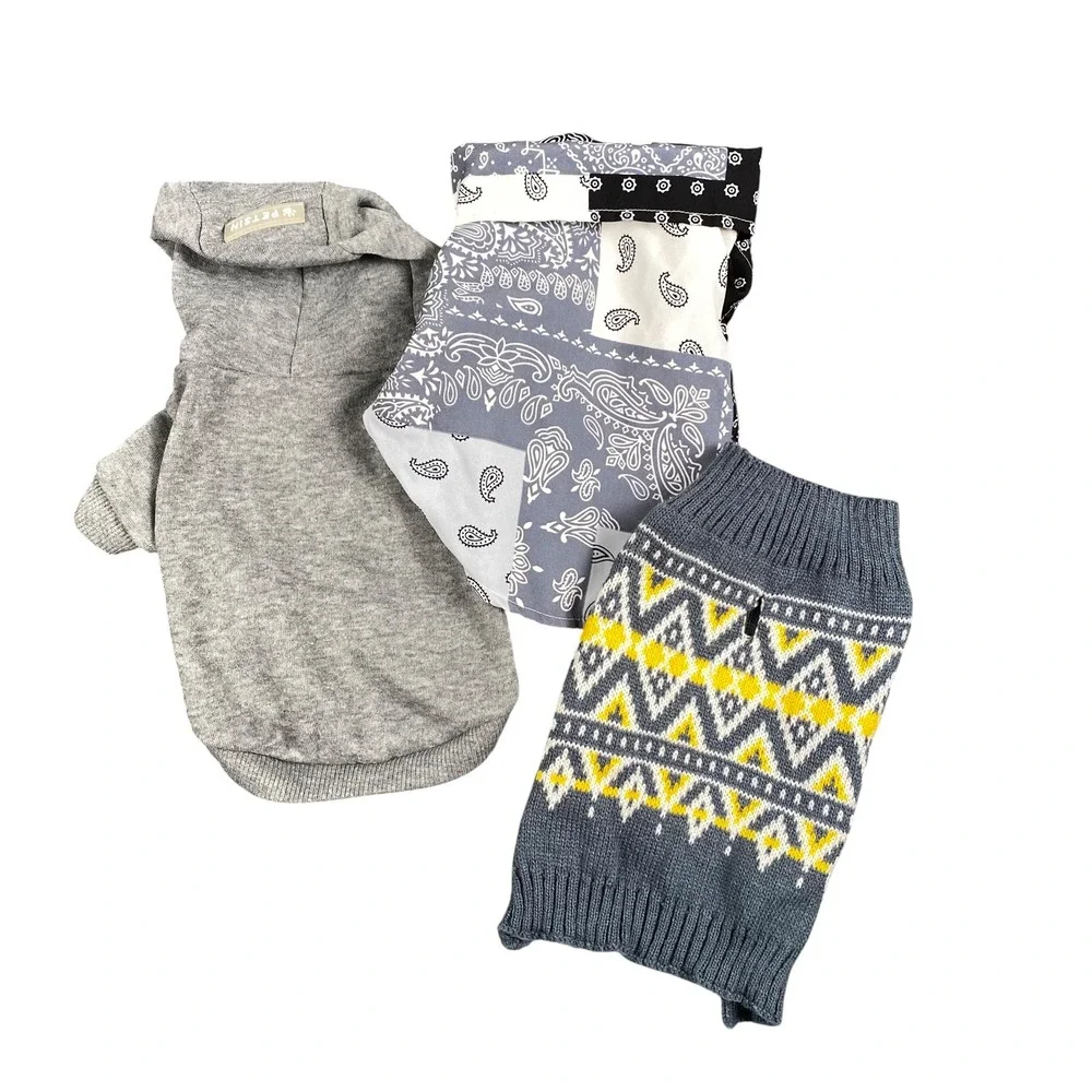 Petsin Small Pet Apparel Bundle Gray Hoodie Bandana Shirt Fair Isle Sweater 3pc